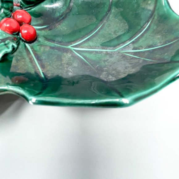 Vintage Lefton Relish Dish #1351 Christmas Green Holly Divided Handled MCM - Picture 3 of 6